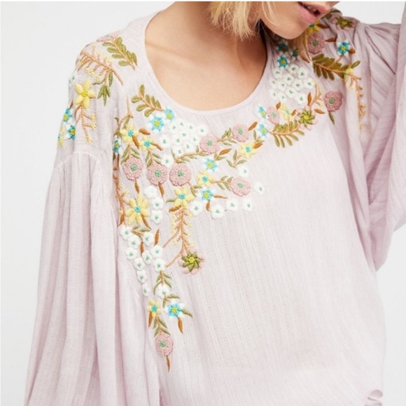 Free People Embroidered Blouse - Lavender with Floral Accents - Picture 6 of 6